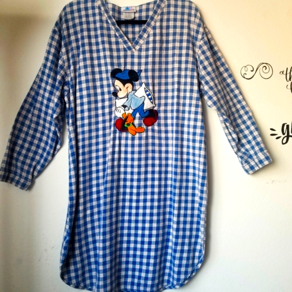 Vintage 90’s Plaid Mickey Mouse Embroidered Patch nightgown blue & multi colored